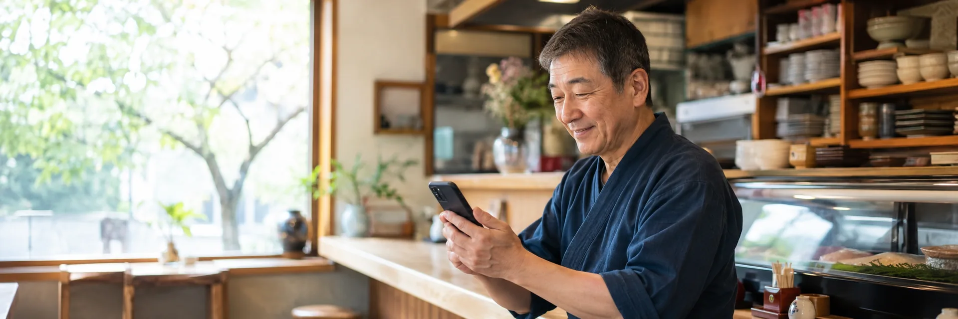 明るい昼の店内で、店主がスマートフォンでお店のGoogleマップページを笑顔で確認している様子