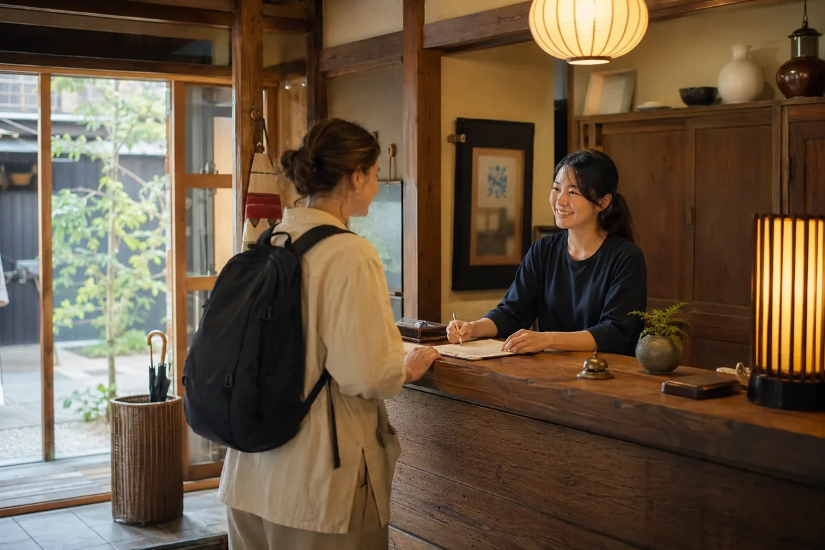 和の趣のあるゲストハウスのフロントで、スタッフが外国人旅行者のチェックインを笑顔で対応している様子