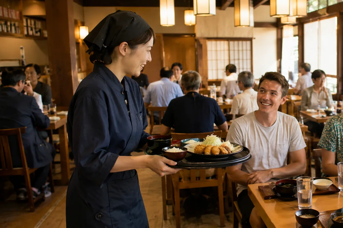 昼の明るい定食屋の店内で、店員が外国人のお客様に定食を運んでいる様子