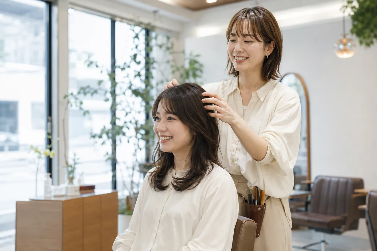 明るい美容室で、スタイリストがお客様の髪を仕上げている様子