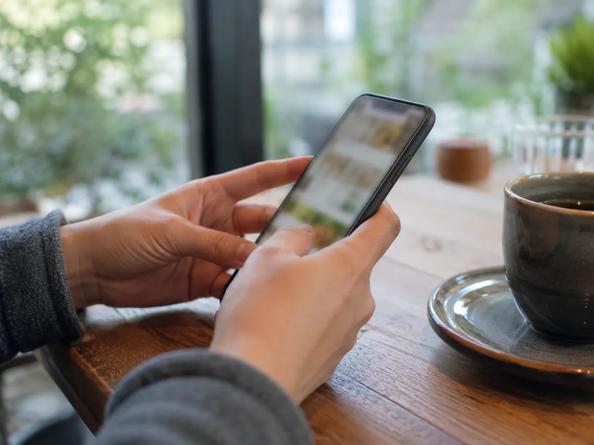 カフェでスマートフォンを手に、LINEで届いた集客診断の結果を確認しているイメージ